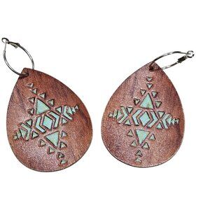 Handmade Teardrop Leather Earrings With Turquoise Tribal Embossed & Silver Hoops